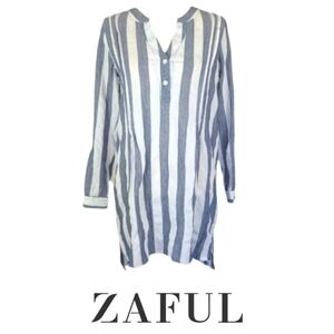 Vertical Striped Long Sleeve Tunic Top in Blue and White, M